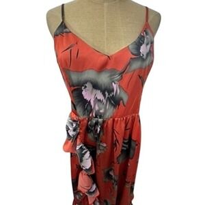 "AVEC LES FILLIES" ORANGE W/BLACK FLORAL SUNDRESS SZ 10 FAIRY BEACH BOHO RUFFLES